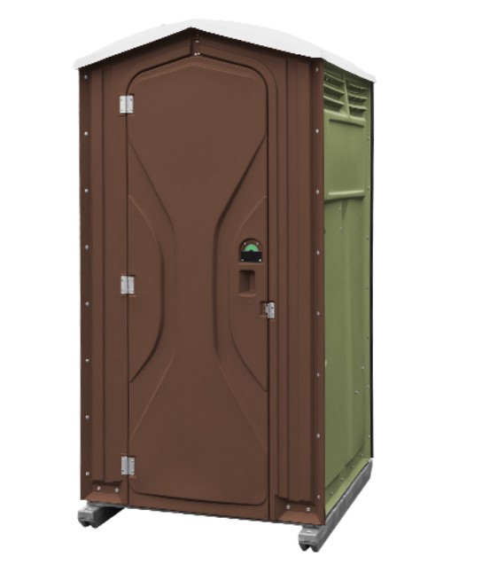 A brown and green portable toilet against a white background.