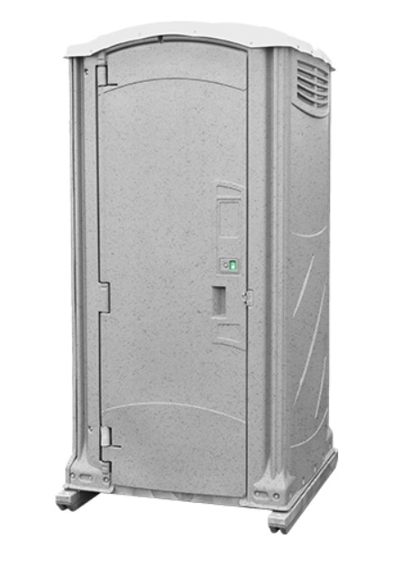 A small, grey portable toilet against a white background.