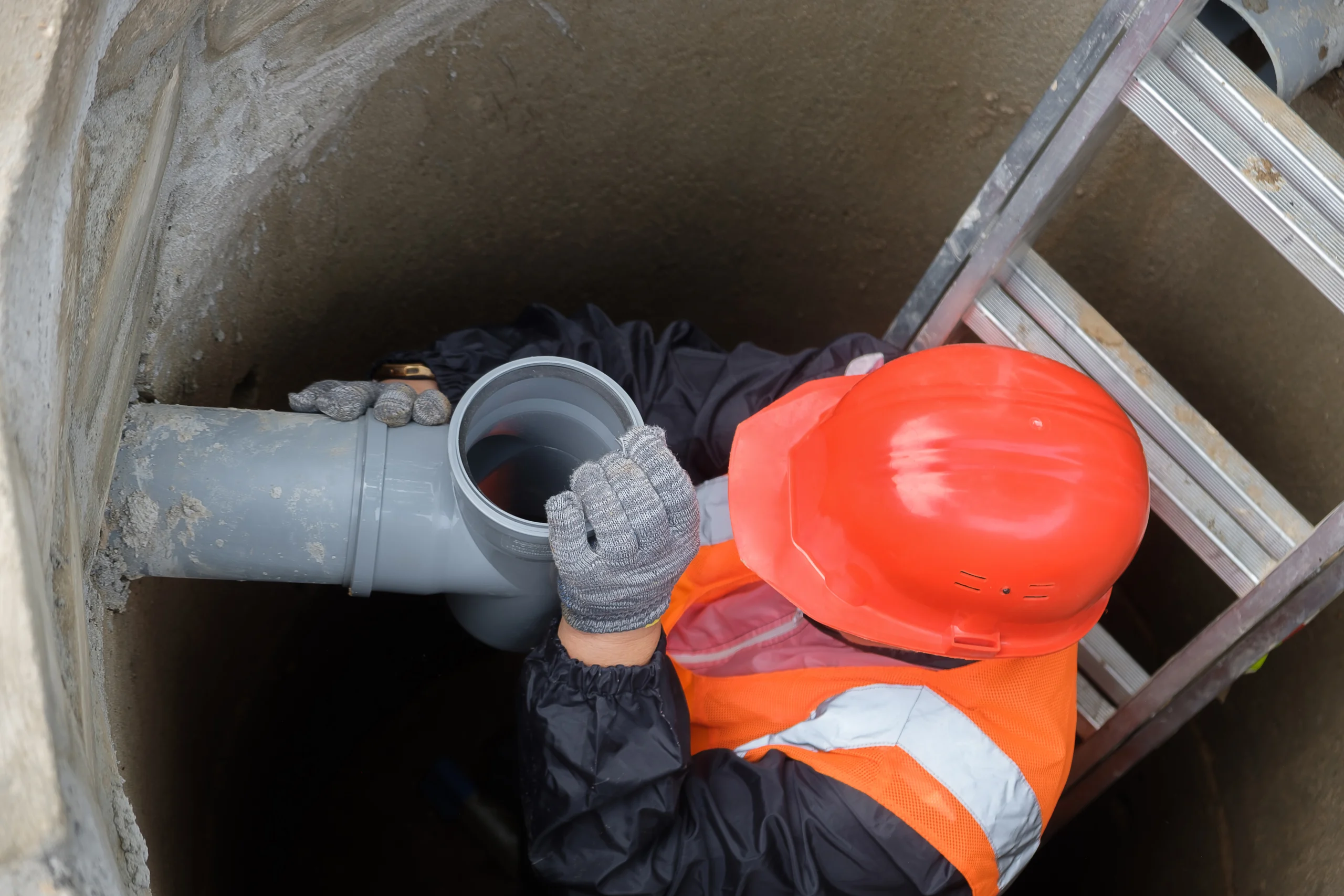 A wastewater management worker in orange protective gear inspects a grey pipe inside of a circular concrete duct.